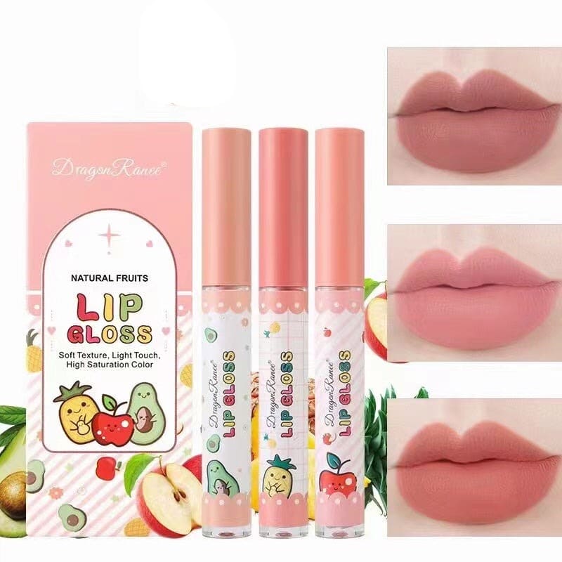 Set Of 3 Fruity Lip Gloss, Velvet Matte Lipstick, Natural Matte Lip Balm, Waterproof Moisturizing Lasting Beauty Makeup Lipstick, Long-Lasting Liquid Lipstick